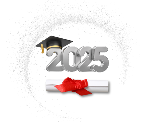 2025 with grad cap, diploma, and confetti